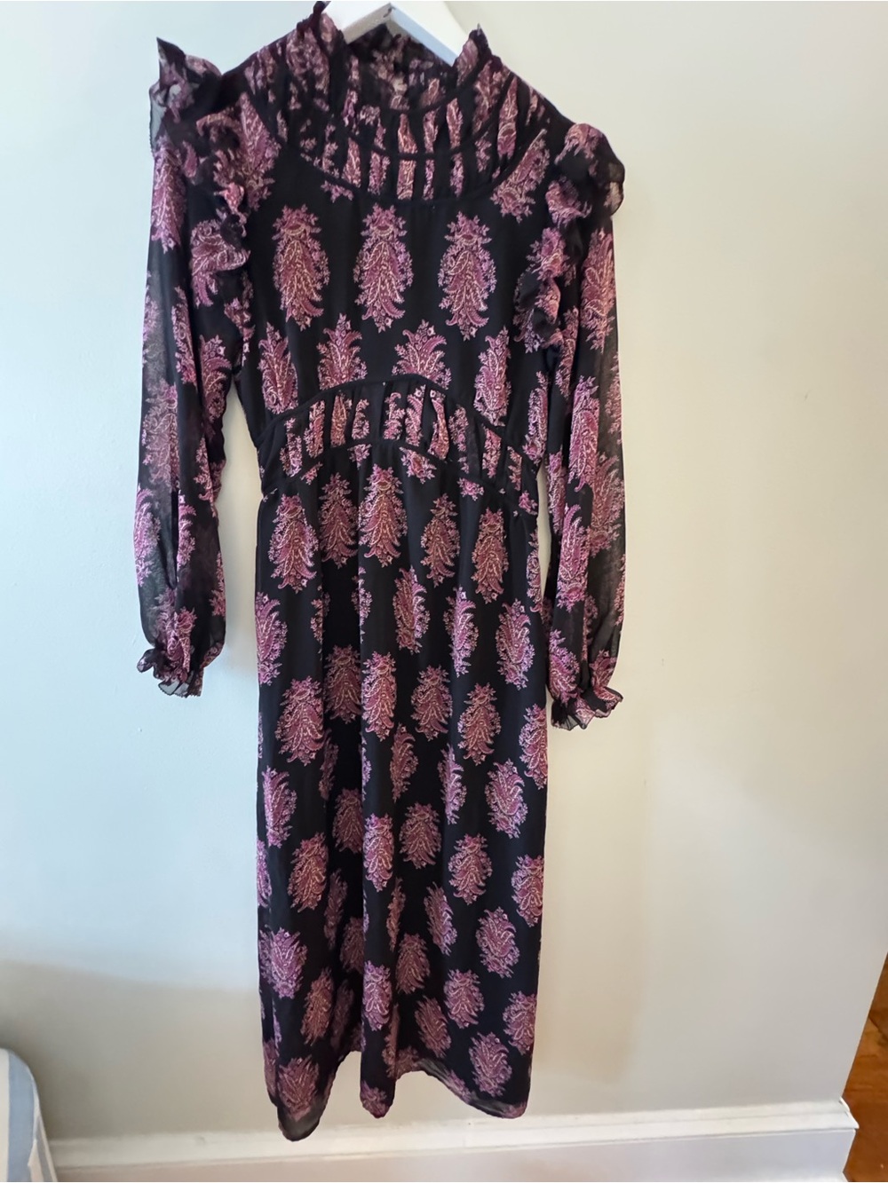 Mango Black Midi Dress with Pink Paisley Print